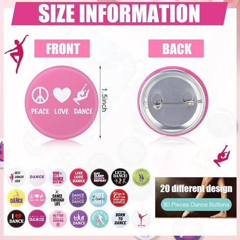 80 Pcs 1.5 Inches Dance Pins Dance Gift Include Tap Ballet Jazz Pin Back Button Bulk Badge for Party Favors in Saudi Arabia