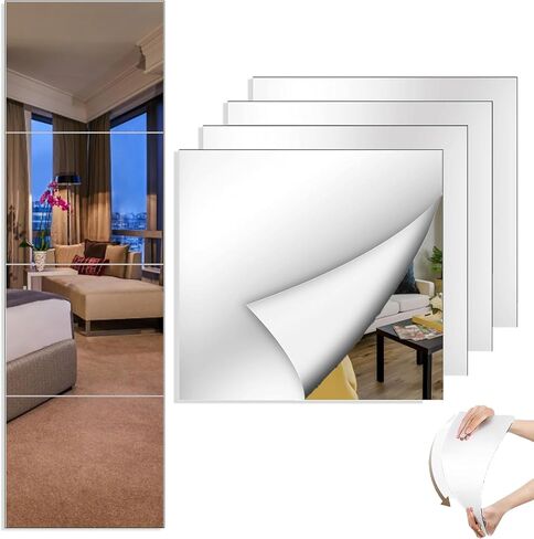 4 قطع مرايا حائط كاملة الطول، مرآة أكريليك 12 × 14 بوصة، مرآة حائط كاملة الطول لغرفة النوم، صالة الألعاب الرياضية المنزلية، الباب، أو النوم، ملصقات بلاط مرايا لكامل الجسم للجدران، أوراق المرآة (سمك 2 مم) in Kuwait