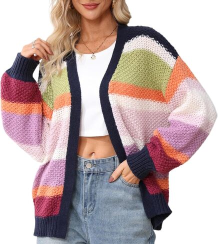 Womens Striped Chunky Cardigan Sweaters Oversized Open Front Trendy Long Sleeve Color Block Knit Sweater Coats in Saudi Arabia