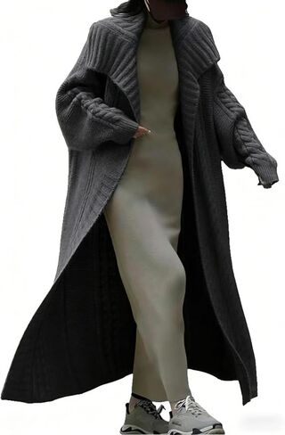 Women's Cable Knit Long Cardigan Long Sleeve Open Front Lapel Shawl Collar Chunky Oversized Duster Sweaters Coat in Saudi Arabia
