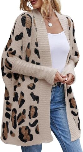 Women's Y2k Open Front Knitted Sweater Fuzzy Leopard Print Long Kimono Batwing Cardigan 2026 Fall Winter Loose Coat in Saudi Arabia