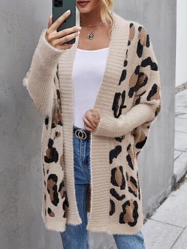 Women's Y2k Open Front Knitted Sweater Fuzzy Leopard Print Long Kimono Batwing Cardigan 2026 Fall Winter Loose Coat in Saudi Arabia