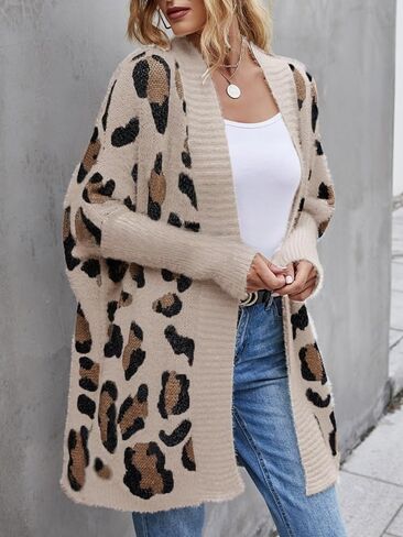 Women's Y2k Open Front Knitted Sweater Fuzzy Leopard Print Long Kimono Batwing Cardigan 2026 Fall Winter Loose Coat in Saudi Arabia