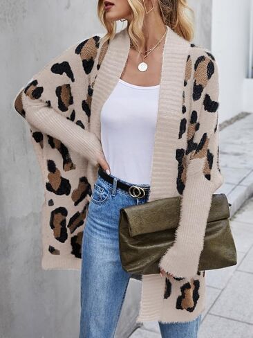 Women's Y2k Open Front Knitted Sweater Fuzzy Leopard Print Long Kimono Batwing Cardigan 2026 Fall Winter Loose Coat in Saudi Arabia