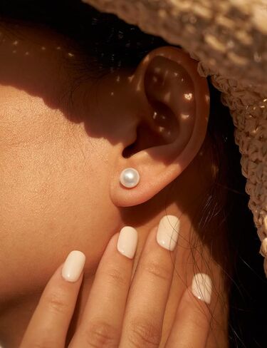 IMOLOVE AAA+ Handpicked White Real Pearl Earrings for Women with 7.5mm Round White Freshwater Genuine Sterling Silver with 18K White Gold Plated in Saudi Arabia