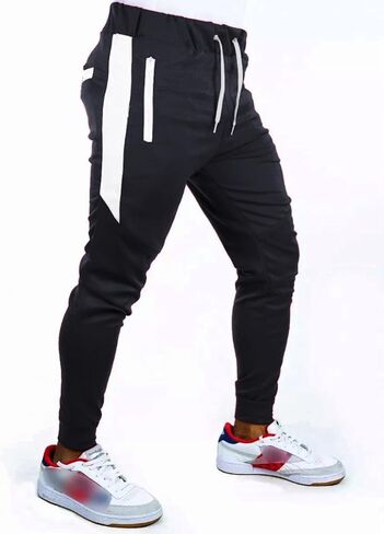Men's Casual Sweatpants with Pockets and Drawstring Micro-Stretch Fabric White Stripes Fitness, Jogging, and Outdoor wear in Saudi Arabia