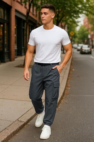 Mens Cargo Jogger Pants with Adjustable Buckle Belt Lightweight Loose Tapered Fit Utility Multi-Pocket in Saudi Arabia
