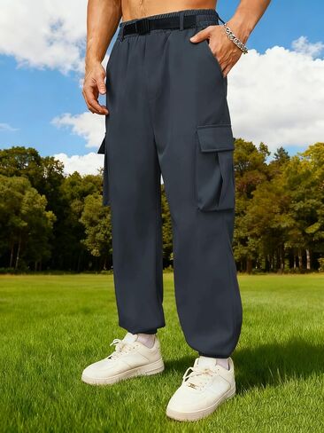 Mens Cargo Jogger Pants with Adjustable Buckle Belt Lightweight Loose Tapered Fit Utility Multi-Pocket in Saudi Arabia