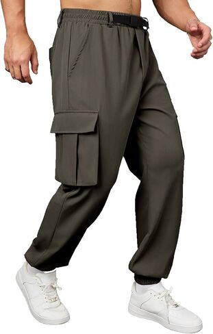 Mens Cargo Jogger Pants with Adjustable Buckle Belt Lightweight Loose Tapered Fit Utility Multi-Pocket in Saudi Arabia