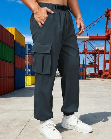 Mens Cargo Jogger Pants with Adjustable Buckle Belt Lightweight Loose Tapered Fit Utility Multi-Pocket in Saudi Arabia