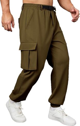 Mens Cargo Jogger Pants with Adjustable Buckle Belt Lightweight Loose Tapered Fit Utility Multi-Pocket in Saudi Arabia
