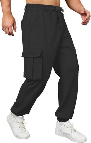 Mens Cargo Jogger Pants with Adjustable Buckle Belt Lightweight Loose Tapered Fit Utility Multi-Pocket in Saudi Arabia