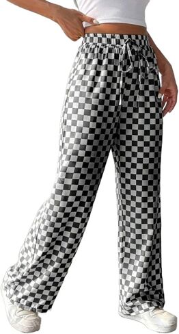Women's Casual Checkered Pants Drawstring Elastic Waist Comfy Loose Straight Wide Leg Plaid Pants with Pockets in Saudi Arabia