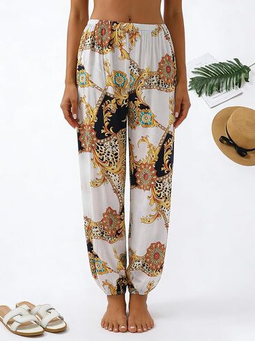 Women's High Waisted Baroque Leopard Print Jogger Pants - Lightweight Drape Drawstring Loose Vacation Lantern Trousers in Saudi Arabia