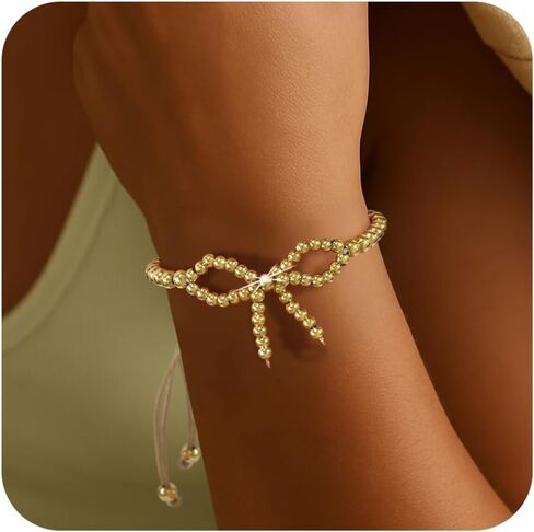 Gold Bow Beaded Bracelet for Women Handmade Boho 14K Gold Plated Beads Ball Charm Bracelet Stack Stretch Adjustable Stackable Dainty Fashion Bowknot Jewelry Beach Cute Prom Vacation Gift in Saudi Arabia