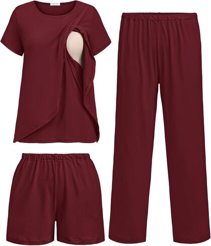 Ekouaer 3 PCS Maternity Nursing Pajamas Set Postpartum Breastfeeding Short Sleeve Shirts, Pregnancy Shorts & Pants Pjs S-XXL in Saudi Arabia