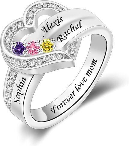 Personalized 925 Sterling Silver Mothers Ring with 1-8 Birthstone Custom Engraved Name Ring Family Birthstone Ring for Women Mom Grandma Daughter (3 stones) in Saudi Arabia