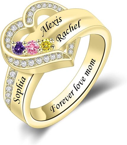 Personalized 925 Sterling Silver Mothers Ring with 1-8 Birthstone Custom Engraved Name Ring Family Birthstone Ring for Women Mom Grandma Daughter (3 stones) in Saudi Arabia