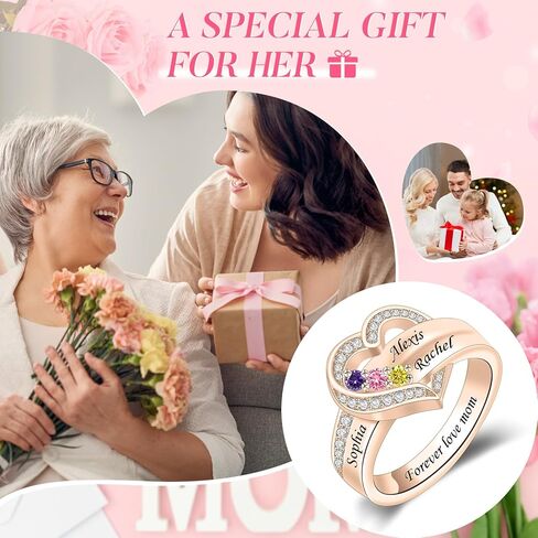 Personalized 925 Sterling Silver Mothers Ring with 1-8 Birthstone Custom Engraved Name Ring Family Birthstone Ring for Women Mom Grandma Daughter (3 stones) in Saudi Arabia