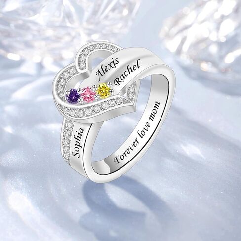 Personalized 925 Sterling Silver Mothers Ring with 1-8 Birthstone Custom Engraved Name Ring Family Birthstone Ring for Women Mom Grandma Daughter (3 stones) in Saudi Arabia