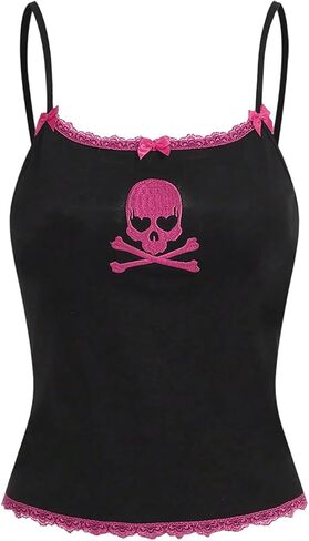 SHENHE Women's Y2k Gothic Cami Top Skull Embroidered Lace Trim Bow Grunge Camisole Tank in Saudi Arabia