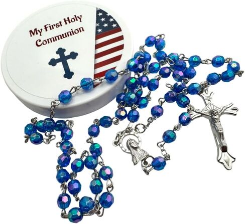 Westmon Works First Communion Rosary All American Set Faceted Acrylic Bead and Metal Crucifix with USA Flag Case Matching Patriotic Holy Prayer Card in Saudi Arabia