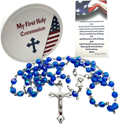 Westmon Works First Communion Rosary All American Set Faceted Acrylic Bead and Metal Crucifix with USA Flag Case Matching Patriotic Holy Prayer Card in Saudi Arabia