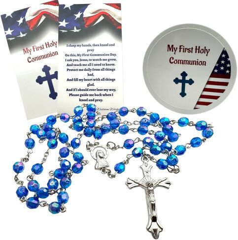 Westmon Works First Communion Rosary All American Set Faceted Acrylic Bead and Metal Crucifix with USA Flag Case Matching Patriotic Holy Prayer Card in Saudi Arabia