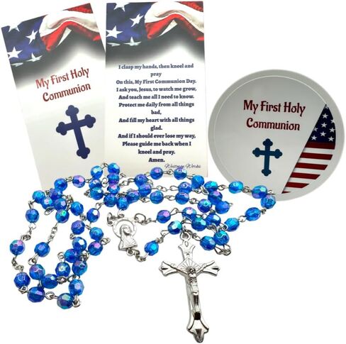 Westmon Works First Communion Rosary All American Set Faceted Acrylic Bead and Metal Crucifix with USA Flag Case Matching Patriotic Holy Prayer Card in Saudi Arabia