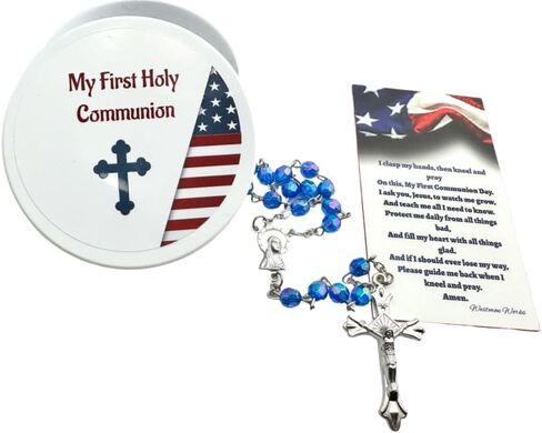 Westmon Works First Communion Rosary All American Set Faceted Acrylic Bead and Metal Crucifix with USA Flag Case Matching Patriotic Holy Prayer Card in Saudi Arabia