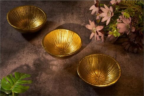 Cruiser’s Caché Set of 3 Small Metal Bowls, Handcrafted Rustic Gold Sculpted Shell Design in Saudi Arabia