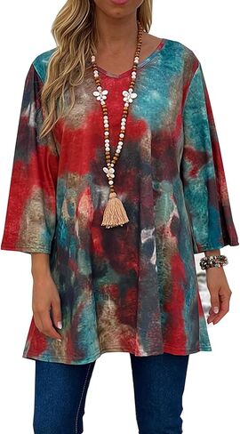 Women's Tie-Dye Print Top, Plus Size, V-Neck, 3/4 Sleeve, Casual Vacation Style, Spring/Summer Fashion T-Shirt/Sweatshirt in Saudi Arabia