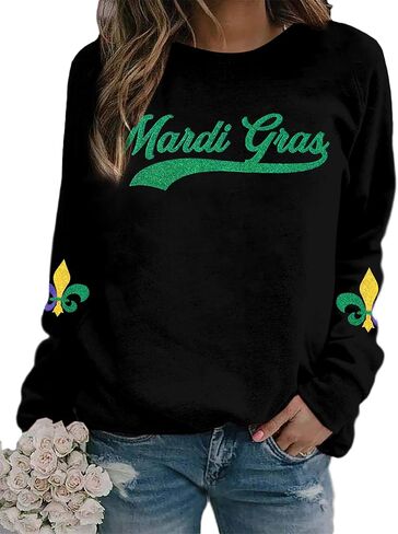 ASTANFY Mardi Gras Sweatshirt Women New Orleans Mardi Gras Party Shirts Funny Carnival Sweatshirt Mardi Gras Print Pullovers in Saudi Arabia