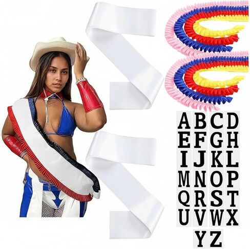 Newcotte Blank Sublimation Sash with Red White and Blue Frills 26 Letters Sublimation DIY Stain Sash Custom Personalized Outfits Decorations for Women Pageant Birthday Citizenship Gift Costume Party in Saudi Arabia