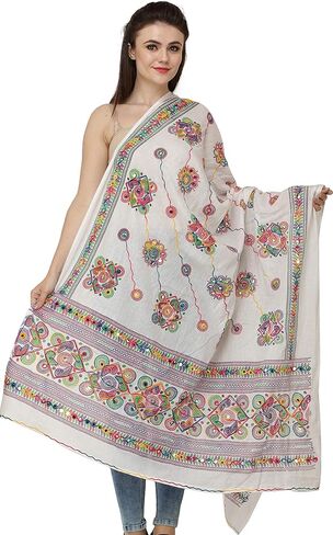 Exotic India Printed Dupatta from Kutch with Hand-Embroidered Florals and Mirrors - Pure Cotton in Kuwait
