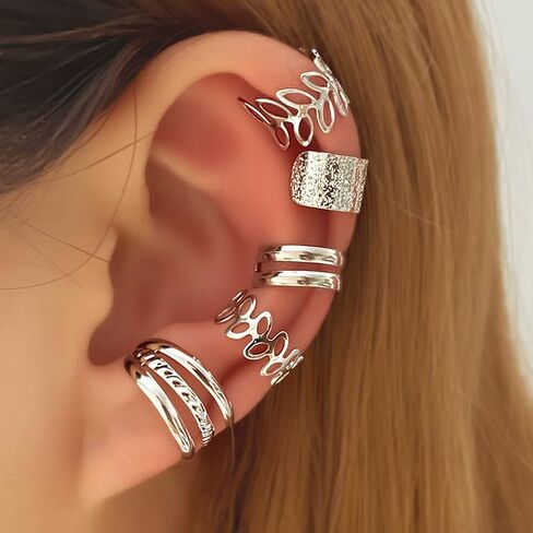 5Pcs Ear Cuffs Clip On Earrings Non Piercing Hoop Earrings for Women Men Trendy - Silver in Saudi Arabia