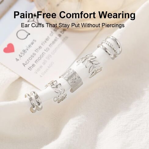 5Pcs Ear Cuffs Clip On Earrings Non Piercing Hoop Earrings for Women Men Trendy - Silver in Saudi Arabia