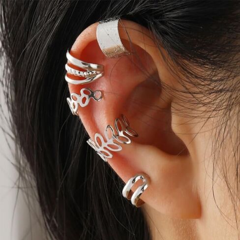 5Pcs Ear Cuffs Clip On Earrings Non Piercing Hoop Earrings for Women Men Trendy - Silver in Saudi Arabia