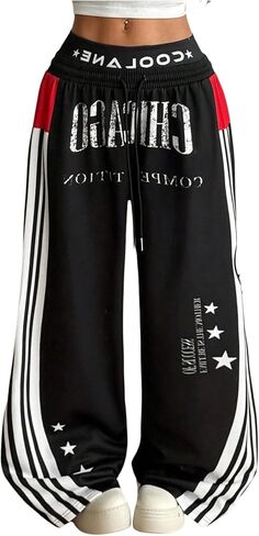 GORGLITTER Women's Double Waisted Baggy Sweatpants Striped Y2k Sweatpants Vintage Barrel Sweat Pants in Saudi Arabia