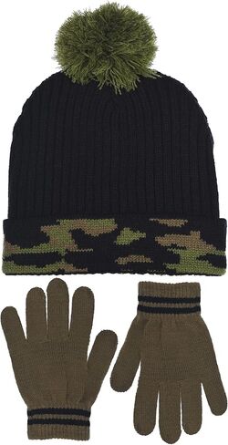 Polar Wear Boy's Knit Hat Digi-Camouflage Cap & Gloves Set with Pom Pom for Winter (BLACK-CAMO) in Saudi Arabia