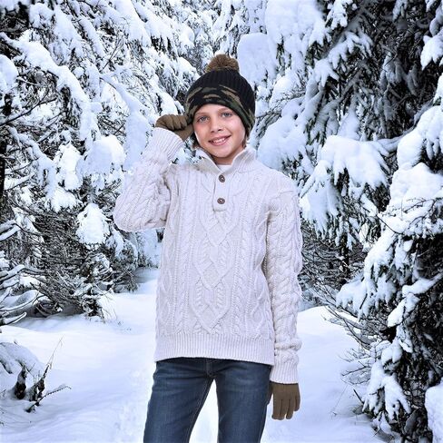 Polar Wear Boy's Knit Hat Digi-Camouflage Cap & Gloves Set with Pom Pom for Winter (BLACK-CAMO) in Saudi Arabia
