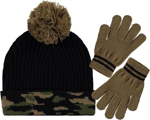 Polar Wear Boy's Knit Hat Digi-Camouflage Cap & Gloves Set with Pom Pom for Winter (BLACK-CAMO) in Saudi Arabia