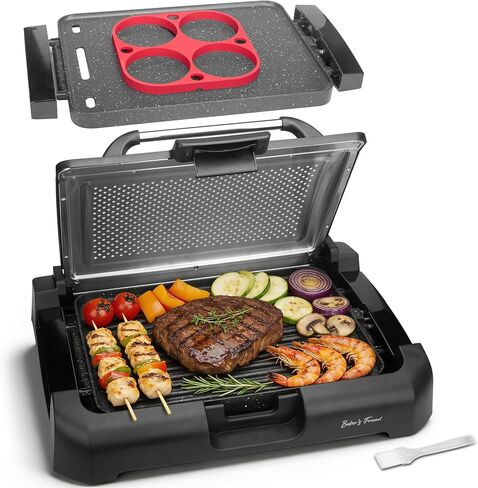 Baker’s Friend Indoor Griddle & Grill, Electric Griddle with 2 in 1 Indoor Grill and Griddle Plate Indoor Grill with Removable Plate, Silicone Mold, Dishwasher Safe, Recipes Include, Graphite in Kuwait