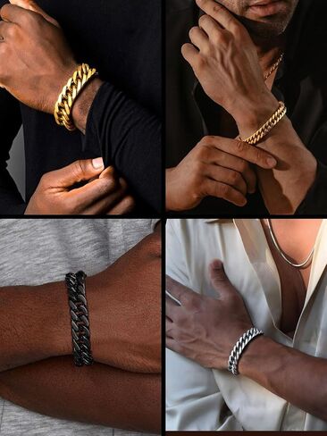 ChainsPro Miami Cuban Link Chain Bracelet for Men, 8/12/17mm, 7.5/8.3/9inch, 316L Stainless Steel/18K Gold Plated/Black Hip Hop Bracelets for Father Husband No Tarnish Bracelet- Send Gift Box in Saudi Arabia