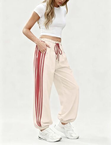 Hongsui Women's Baggy Side Striped Pants Color Block Jogger Pants High Waist Drawstring Harem Pants with Pockets in Saudi Arabia
