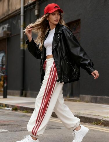 Hongsui Women's Baggy Side Striped Pants Color Block Jogger Pants High Waist Drawstring Harem Pants with Pockets in Saudi Arabia