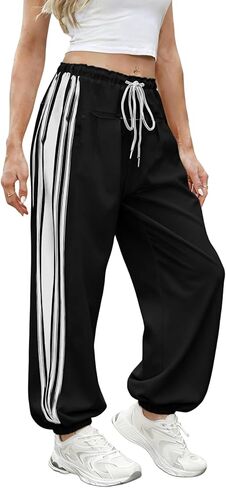 Hongsui Women's Baggy Side Striped Pants Color Block Jogger Pants High Waist Drawstring Harem Pants with Pockets in Saudi Arabia