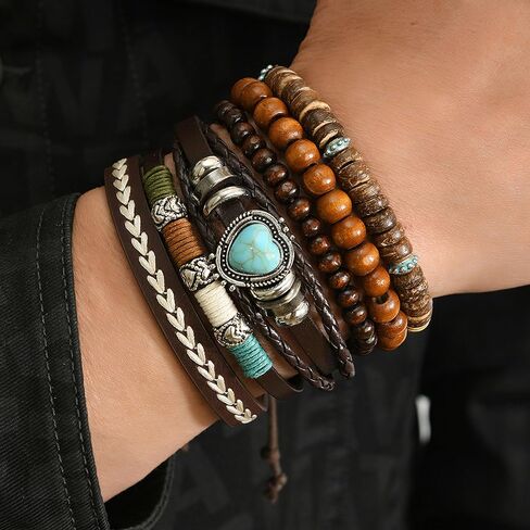Western Stackable Bracelets for Women Gold Turquoise Wooden Beads Boho Jewelry in Saudi Arabia