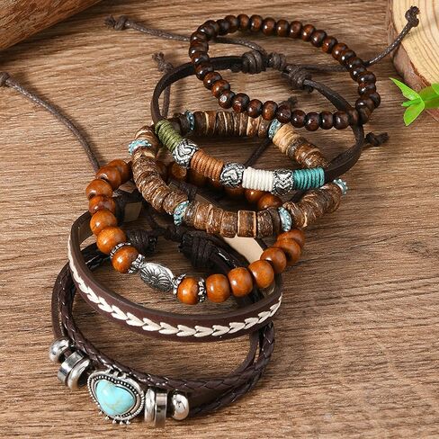 Western Stackable Bracelets for Women Gold Turquoise Wooden Beads Boho Jewelry in Saudi Arabia