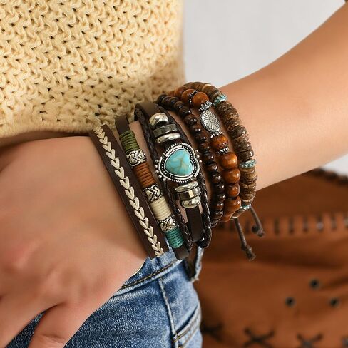 Western Stackable Bracelets for Women Gold Turquoise Wooden Beads Boho Jewelry in Saudi Arabia